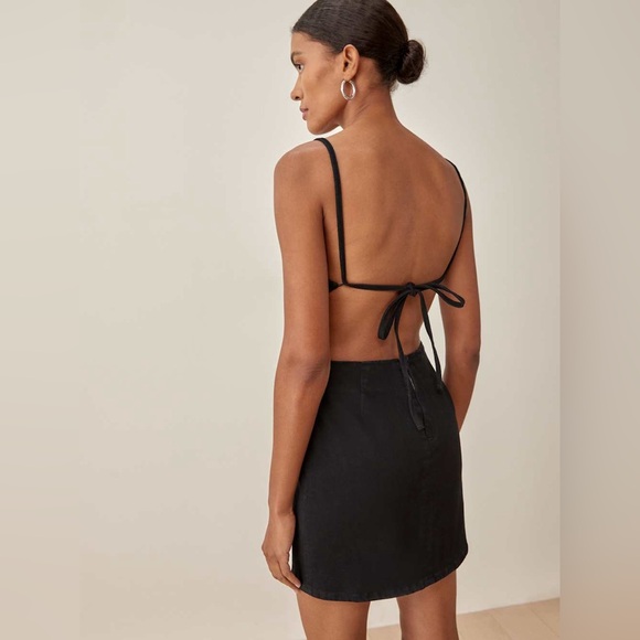 Reformation Kate Tie Back Denim Mini Dress in Black Size 12 - Picture 2 of 10